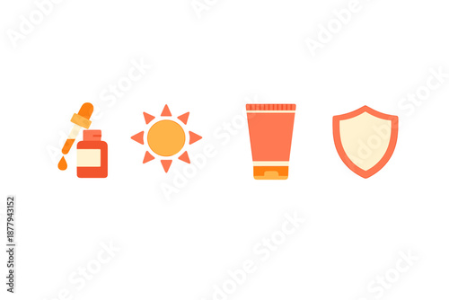Sun protection icons: serum, sun, sunscreen, shield