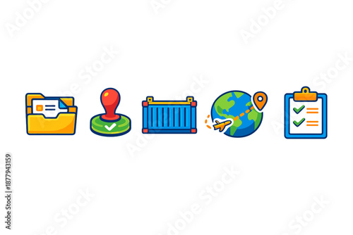 Logistics icons: folder, stamp, container, globe, checklist