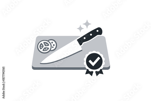 Chef knife on cutting board with tomato slice and badge