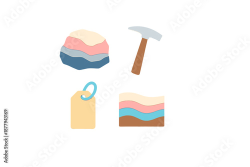 Geology icons: rock, pickaxe, tag, and soil layers