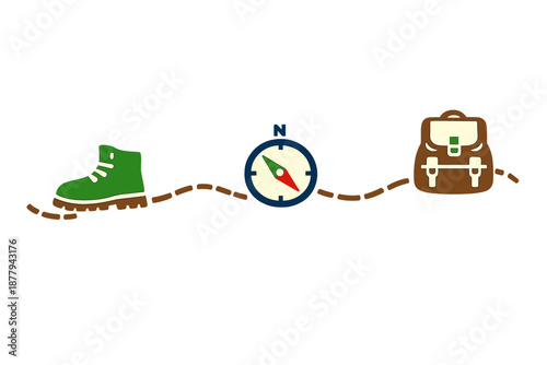 Hiking boot and backpack with compass indicating a path
