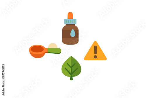 Herbal medicine icons: Dropper, measuring spoon, leaf, and warning