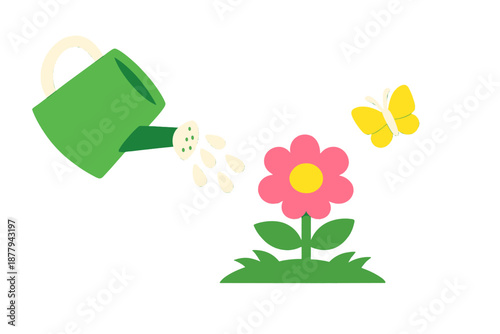 Watering can watering a flower and a butterfly