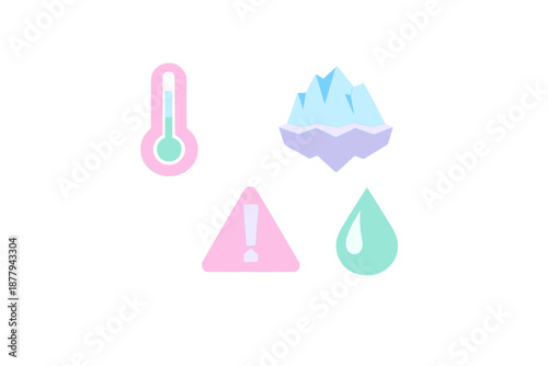 Climate change warning icons: thermometer, iceberg, alert, water drop