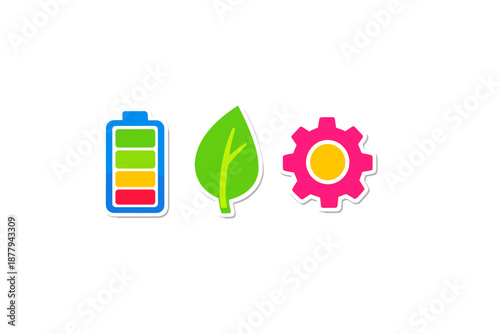 Battery, leaf, and gear icons with glowing effects
