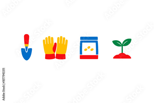 Gardening tools, gloves, seeds, and sprout illustration with glowing