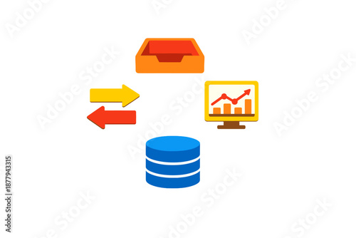 Data flow and analysis icons with glowing effect
