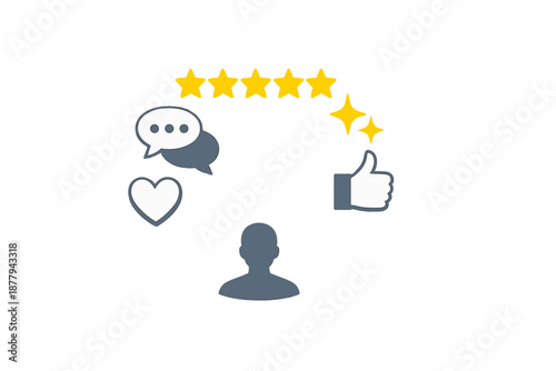 Social media icons and rating stars on a dark background