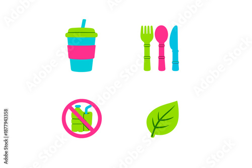Eco-friendly icons: reusable cup, cutlery, no plastic, leaf