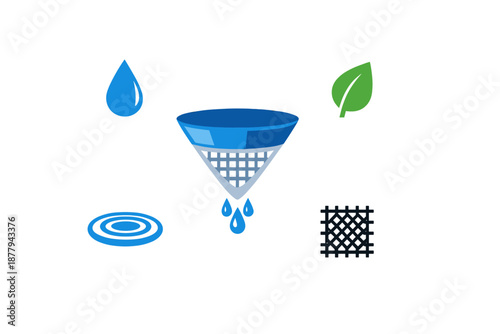 Water filtration concept with leaf and grid symbols
