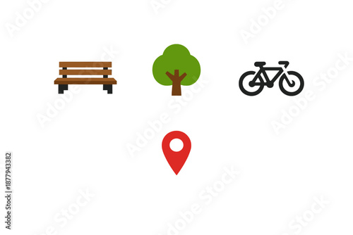 Park scene with bench, tree, bicycle, and location pin