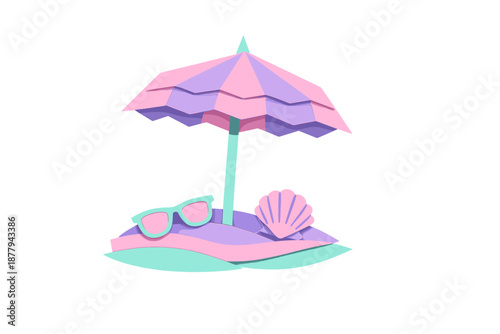 Paper cutout beach scene with umbrella, sunglasses, and seashell