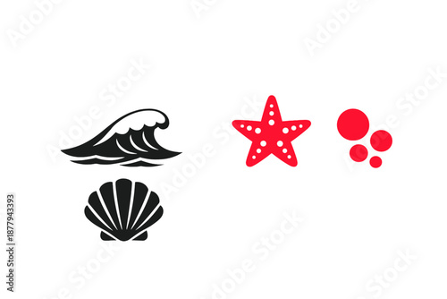 Ocean icons: wave, shell, starfish and bubbles on a gradient