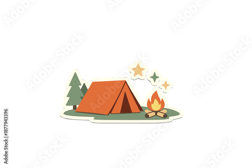 Illustration of a campsite with tent, campfire, and trees