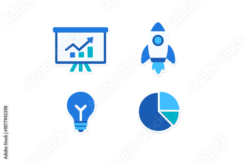 Business and finance icons: graph, rocket, lightbulb, and pie chart