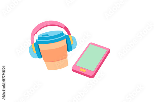 3D rendering of headphones, coffee cup and smartphone with glowing
