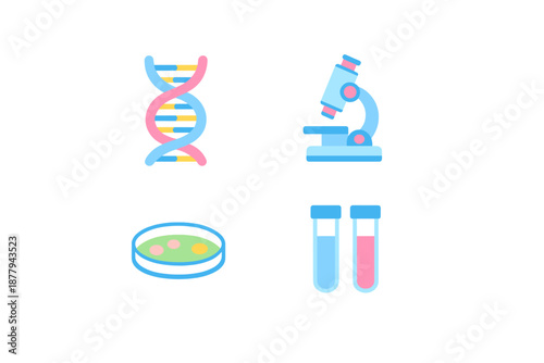 Science icons: DNA, microscope, petri dish, test tubes