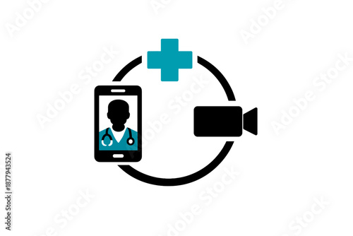 Telemedicine icons: doctor on phone, video camera, and medical cross