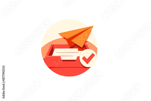 3D render of a paper airplane flying towards inbox with checkmark