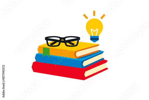 Stack of books with glasses and a glowing light bulb