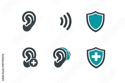 Set of ear and shield icons with bright glow