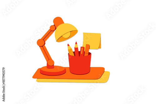 Desk lamp with pens, pencils and sticky note