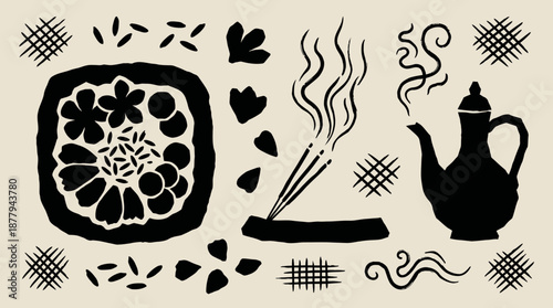 Traditional Indian ritual elements and spiritual symbols vector illustration