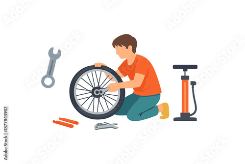 Child fixing a bicycle wheel with tools and pump