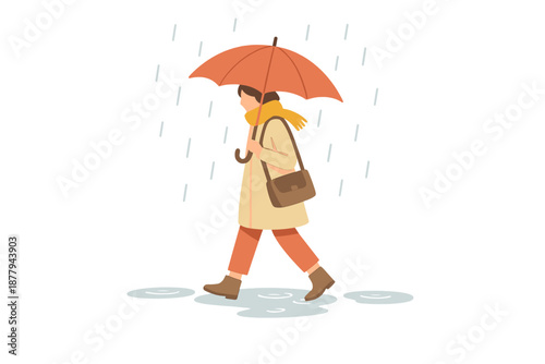 Person walking in the rain with an umbrella and a satchel