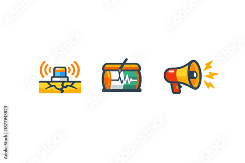 Crisis alert icons: siren, seismograph, and megaphone