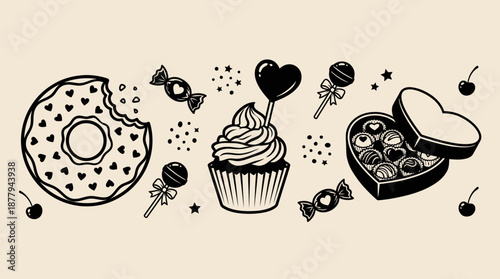 Valentine themed sweet treats and desserts vector illustration