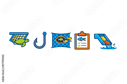 Fishing icons: turtle, hook, net with fish, checklist, fish release