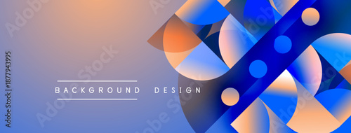 Abstract geometric shapes overlap, creating dynamic visual effect. Gradient background transitions from purple to orange hues. Modern design elements present.