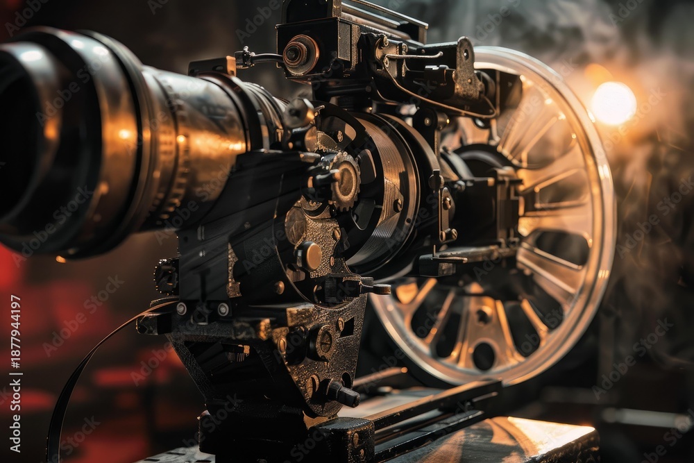 Fototapeta premium Close up of vintage movie camera operating, capturing cinematic moments with rotating film reel on a movie set