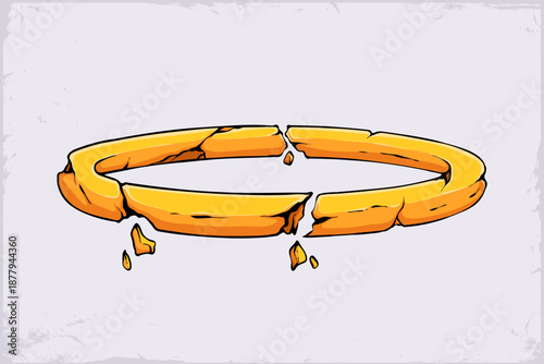 Hand drawn illustration of a golden halo with multiple cracks and breaks, fragments falling apart on a light textured background