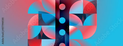 Abstract geometric composition. Red, blue hues dominate. Circles, arcs create dynamic visual rhythm. Modern design, vibrant colors.