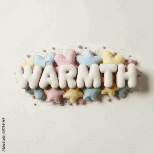 The word WARTH is spelled out in soft, pastel-colored, cloud-like letters, surrounded by star-shaped candies and small spheres, creating a whimsical and comforting visual