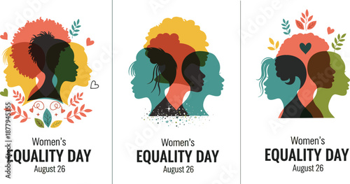 Triple panel vector set for Women's Equality Day August 26 featuring overlapping diverse silhouettes with botanical floral accents.
