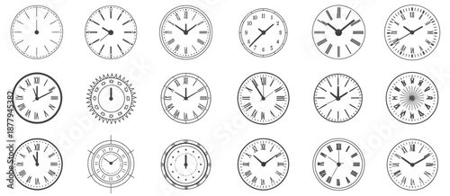 Clock faces collection with roman numerals and ornate frames, vintage time dials, perfect for classic interiors, antique clock graphics, vector illustration for home decor