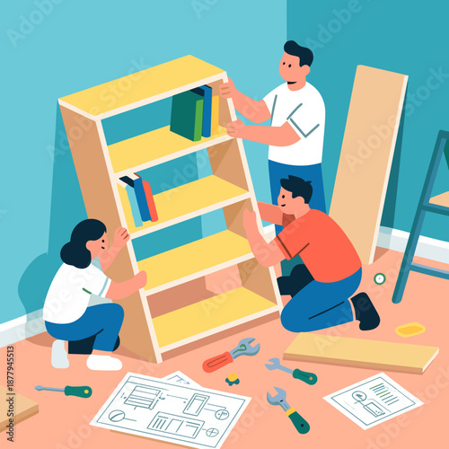 Family collaboratively assembling bookshelf with cheerful mood representing DIY and togetherness against home interior
