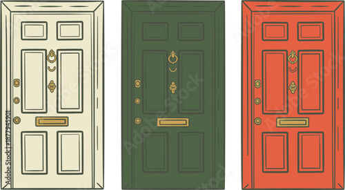 Colorful front doors illustration set, vintage house entrances collection, decorative wooden door designs, isolated vector art for stock use commercial
