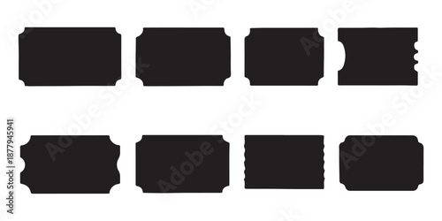 Ticket icon collection. Admit one coupon set for cinema, concert, theater, event, or party. Vintage and modern ticket designs with stars and labels