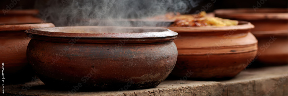 Fototapeta premium Steaming clay pot rustic earthenware street food traditional cooking aromatic stew Asian market wood table closeup warm color artisan craft. Steam rises from rustic earthenware street food stall