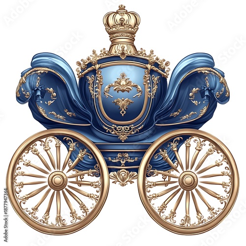 Ornate blue and gold royal carriage with crown on white background image photo