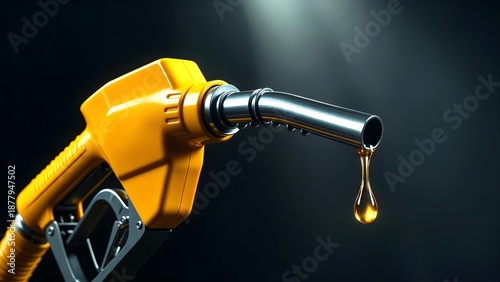 Yellow Gas Pump Nozzle Dripping Fuel Against a Dark Background, Conceptual Image of Oil Industry and Energy