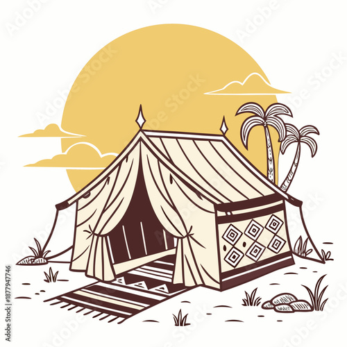 Bedouin tent with palm trees at sunset desert tent