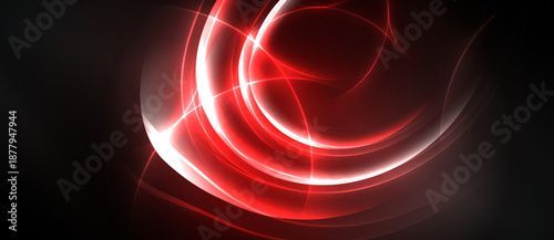 Abstract red energy swirls, luminous curves, dark background. Dynamic composition creates visual impact, modern aesthetic.