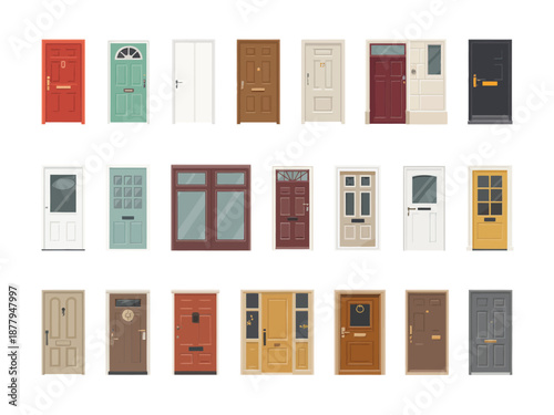 Doors flat vector icons set, including various door designs