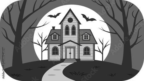 Spooky Haunted House with Bats and Full Moon in Grayscale Halloween night