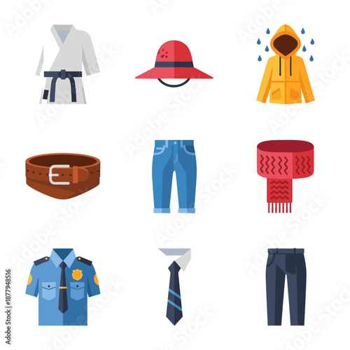 Assorted clothing items including jacket, hoodie, gi, belt, jeans, scarf, hat, cap, tie, coat, blazer, uniform, shirt, sweater, vest and other garments arranged together.